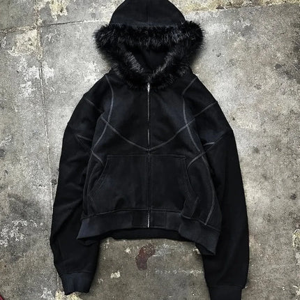 Dark Gothic Solid Color Plush Hat Collar High Street Hip Hop Long Sleeve Hoodies 2000s Autumn Winter Warm Windproof Loose Coat