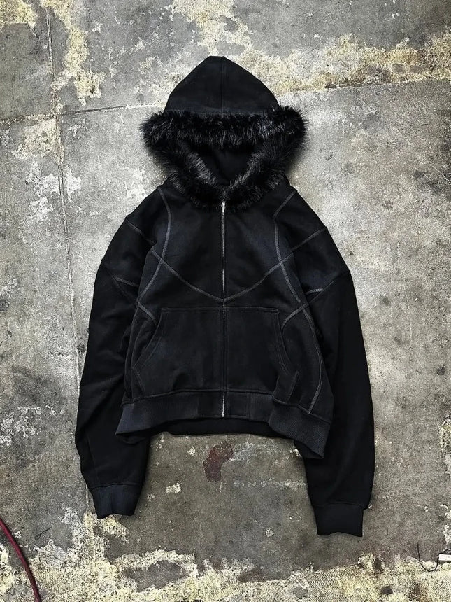 Dark Gothic Solid Color Plush Hat Collar High Street Hip Hop Long Sleeve Hoodies 2000s Autumn Winter Warm Windproof Loose Coat