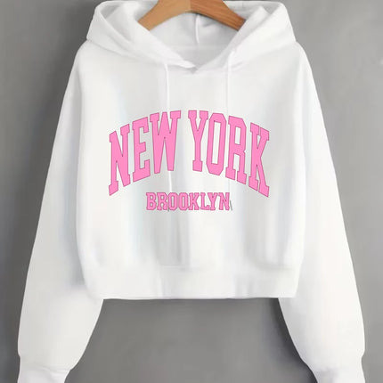 Fashion New York Brooklyn Print Autumn Winter Cropped Sweatshirt Crop Top Hoodie Y2k Sweatshirts Gothic Casual Style Clothes
