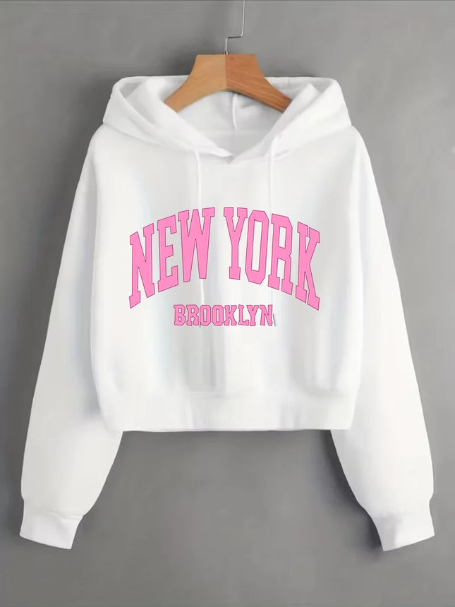 Fashion New York Brooklyn Print Autumn Winter Cropped Sweatshirt Crop Top Hoodie Y2k Sweatshirts Gothic Casual Style Clothes