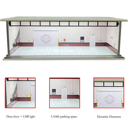 1/64 Scale Car Garage Diorama with USB LED Light Realistic Parking Lot Display Case for Model Cars & Miniature Vehicles