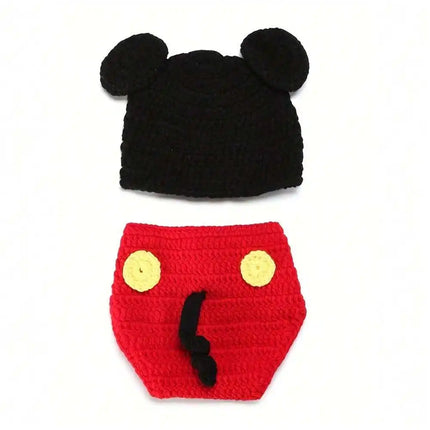 Newborn Photography Outfit Handmade Knitted Cartoon Animal Mickey Costume Jumpsuit Ear Cap Hat Overall Romper Clothes Fotografia