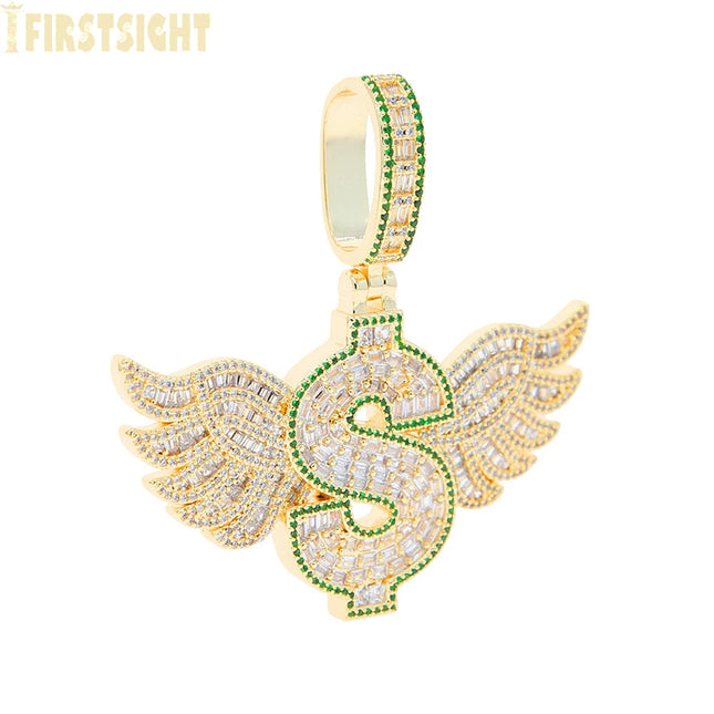 New Hip Hop Money Pendant Necklace Gold Color Iced Out Bling CZ Cubic Zirconia Letters Rich Dollar Charm Men Women Jewelry