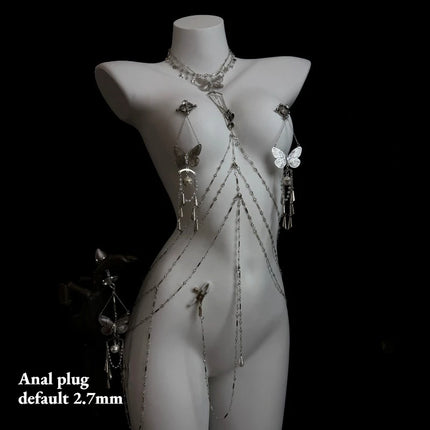 Sexy Butterfly Nipple Clips Body Chains Collar-Integrated Set Paired with Butt Plugs Vaginal Clamps Body Restraints Sex Toys