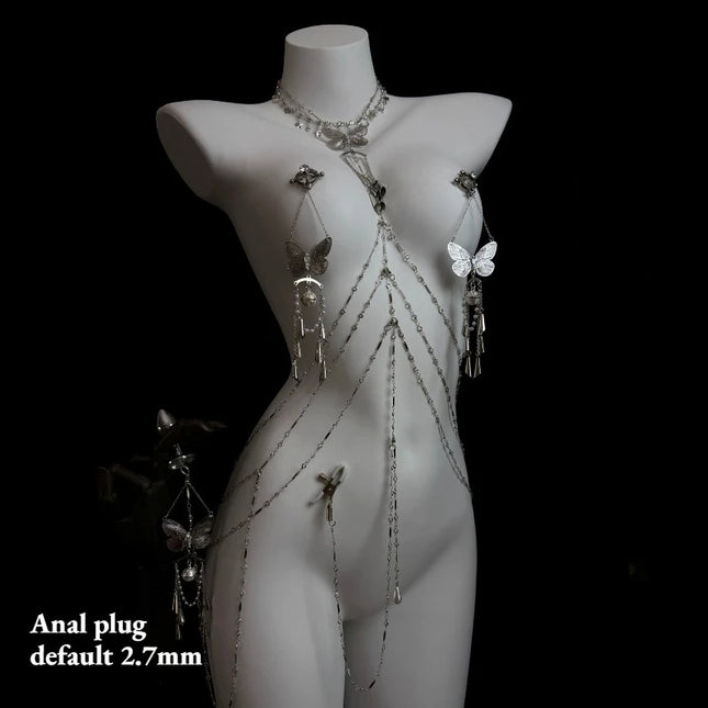 Sexy Butterfly Nipple Clips Body Chains Collar-Integrated Set Paired with Butt Plugs Vaginal Clamps Body Restraints Sex Toys