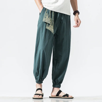 Kimono Men Cotton Linen Japanese Samurai Costume Ukiyo-e Print Belt Retro Harem Pants Mens Hip Hop Harajuku Haori Baggy Trousers