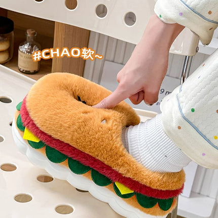 Creative Simulation Hamburger Slippers Women Men Funny Thick Sole Plush Shoes Non-Slip Soft Bottom 3D Cartoon Slides Indoor Home