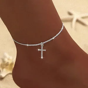Shiny Sparkling Simple Anklet for Women Cross Pendant Silver Color Elegant Jewelry Female Beach Ankle Bracelet on Foot Gifts