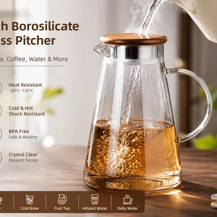 High Borosilicate Glass Pitcher Heat Resistant Water Kettle for Home Office Tea Cold Brew Fruit Infuser Jug Stylish Carafe