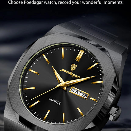 POEDAGAR Fashion Brand Man Clock Luminous Waterproof Stainless Steel Men's Watch Date Week Quartz Business Watches For Men Reloj