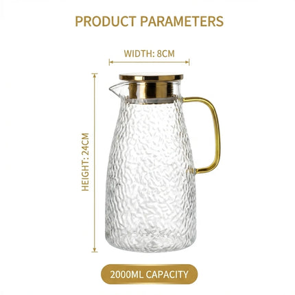 Premium Hammered Glass Pitcher–Dual-Function Lid,Ergonomic Handle, Smooth Pouring Spout–Heat Resistant Water Carafe for Home