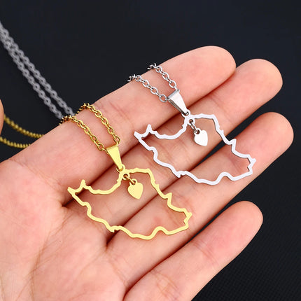 1Pcs New Stainless Steel Iran Map Hollow Heart Pendant Necklace Men's and Women's Versatile Sweater Chain Accessories Pendant