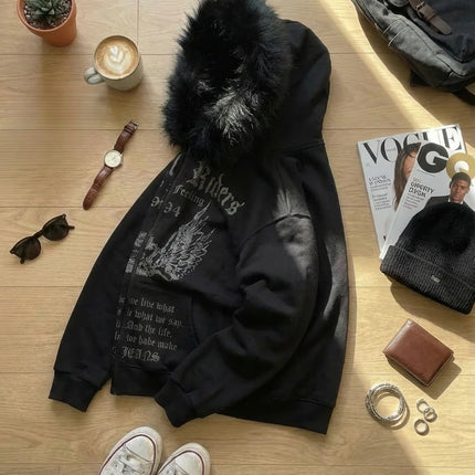 Hip Hop Harajuku Black Gothic Fur Collar Zip Up Hoodie Women Punk Y2K Street Retro Wings and Crown Print Fur Collar Loose Hoodie