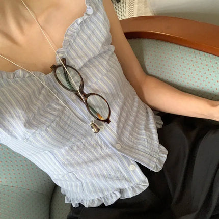 Korean Sle ort Striped Vest Women Summer Outerwear Subtle Design Single Button Lobone Trendy Age-Defng Top