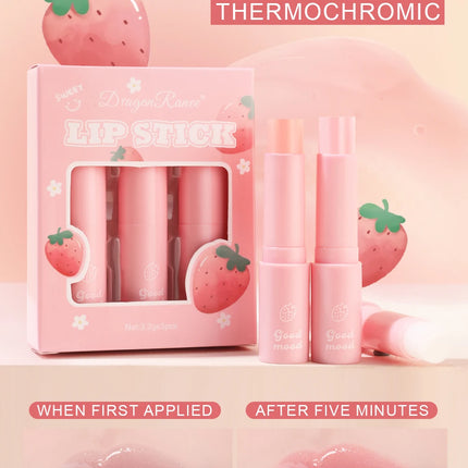 Dragon Ranee  3-Piece Set Thermochromic Moisturizing Lip Balm Hydrating Color-Changing Fruit Strawberry Colorless Pink Lipstick