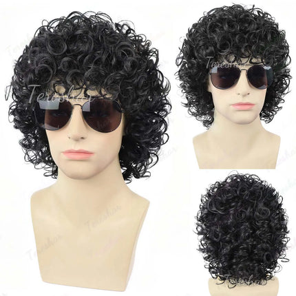 Synthetic Mens Black Short Curly Rocker Disco Wig with Glasses,Boys Wet Look Wig,70s Mullet Wig,Michael Jackson Role Play Wig