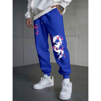 Japanese-Style Dragon And Cherry Blossom Print Autumn And Winter Men'S Fleece-Lined Casual Pants