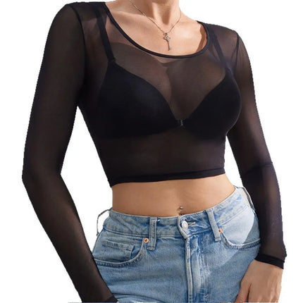 Sexy Women T Shirt See Through Mesh Tops Transparent Sheer Slim Ladies Tee Tops Sunscreen Tops Long Sleeve Bottoming Shirts Hot
