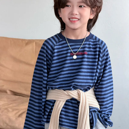 T-shirt 2026 Spring and Summer New Childrens Clothing Korean Boys and Girls Loose Shoulder Long Sleeve Stripe Letter T Sleeve