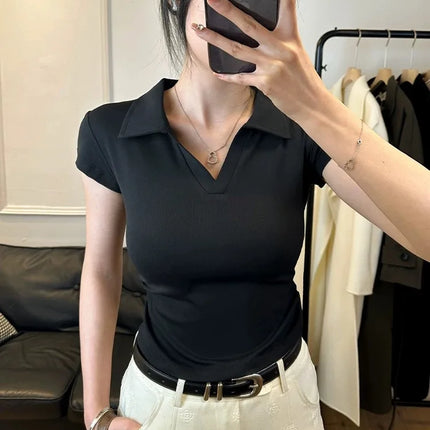 Cotton Summer Sexy Women's T Shirt Skinny Slim Basic Solid Crop Top Short Sleeve Polo TShirtCasual Top Tee for Women