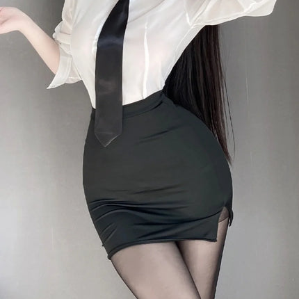 Sexy Pure Desire Summer Top Skirt Set Secretary Style OL Career White Shirt Women's Slim Fit Casual Fashion V-neck Polyester