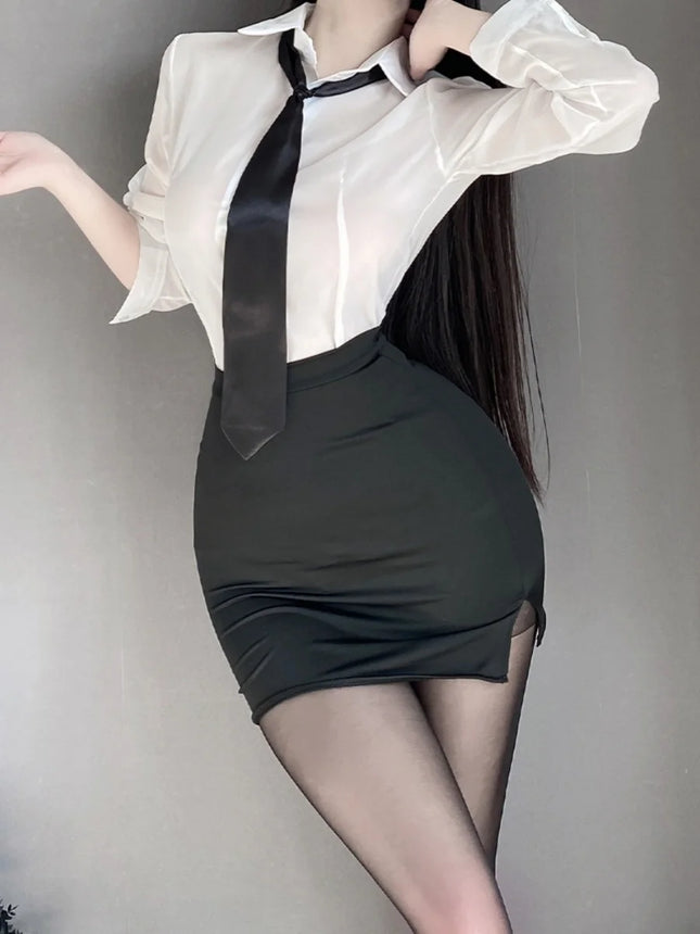 Sexy Pure Desire Summer Top Skirt Set Secretary Style OL Career White Shirt Women's Slim Fit Casual Fashion V-neck Polyester