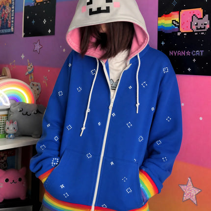 Nyan Cat Blue Zip Up Embroidered Hoodie Pixel Face Ears Hood Rainbow Stripes Star Dots Sweatshirt Jacket Unisex Y2K