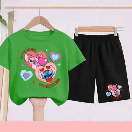 Disney 2026 Summer Round-neck Short-sleeved Set Girl Stitch Printed T-shirt Fashion Child Top+Shorts Casual Daily Sportswear Set