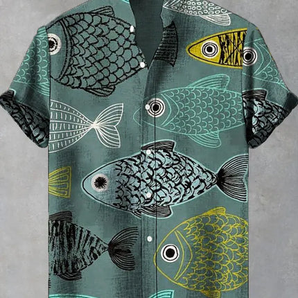 Summer Men's Casual Sea Life Graphic Short Sleeved Shirt Button Down Lapel Shirts Oversized Tops Casual Hawaiian Shirt for Men