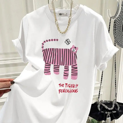Summer New Fun Tiger Cartoon Print T-shirts Women Clothing Fashion All-match Pure Cotton Short Sleeve Top Tee Y2k Loose Pullover