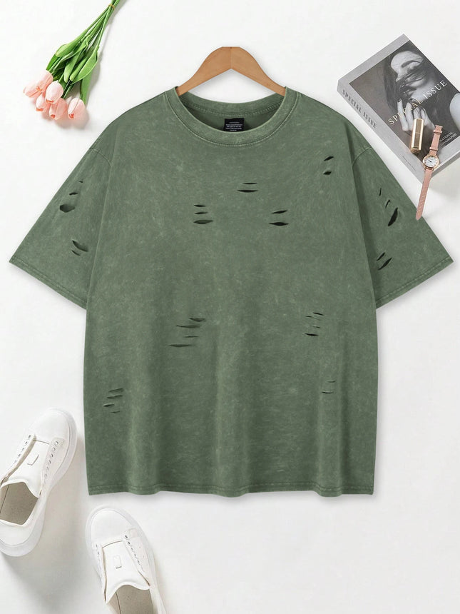 9 Colors Vintage  Solid Washed And Distressed T Shirt Men Women Loose Holes Clothes Fitting Pure Cotton Loose Couple T-Shirt