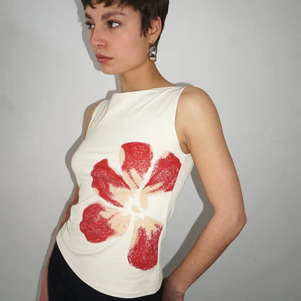 Women's Flower Print Crop Tank Top Fitted Boat Neck Sleeveless Summer Top for Party Club 2025 New Fashion