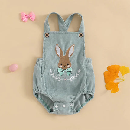 Baby Easter Romper Sleeveless Square Neck Bunny Embroidery Bodysuit Newborn Overalls