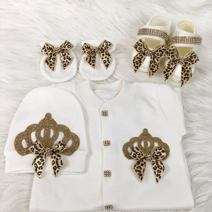 Dollbling Newborn Set Baby's Sets Rhinestone Crown 0-3 Months Hat+Bodysuits+Gloves+Shoes 4 Parts Boy Girl Jumpsuit Clothing