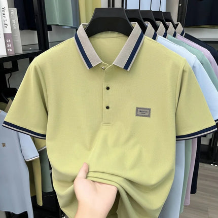 2026 Summer Ice Silk Men's Polo Shirt Color Block Collar Breathable Anti Wrinkle Smart Casual Daily Short Sleeve Top for Man