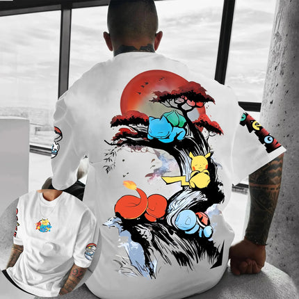 Pokémon Japan Anime Peripheral Printed Short Sleeve T-Shirt 2025 Pikachu Mewtwo Summer Men's and Women's Loose Sports Top ins
