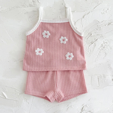 2Pcs/set Summer New Baby Girls Clothing Casual Newborn Set Pink Towel Embroidery Cute Vest-type T-shirt+Shorts Baby Set