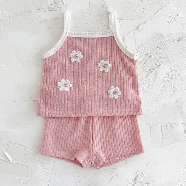 2Pcs/set Summer New Baby Girls Clothing Casual Newborn Set Pink Towel Embroidery Cute Vest-type T-shirt+Shorts Baby Set