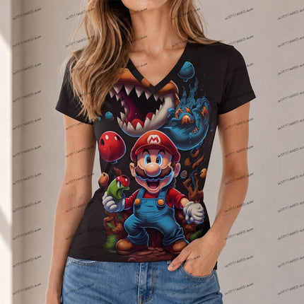 Cuteore XS-5XL Women's New Party Super Mario Women T-shirt Female Clothing V Neck Harajuku Style Summer High Quality Fashion