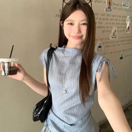 Blue Striped Drawstring Tie Women's Shirt Summer New Style French Stripe Design Modified Version Round Neck Sleeveless Dress