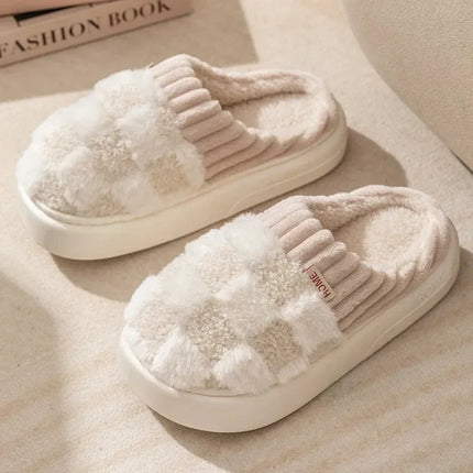 Fashion Couple Winter Toe Wrap Warm Plaid Plush Slippers Men Women Thick Soft Sole Slides Indoor Floor Flat Home Non-slip Shoes
