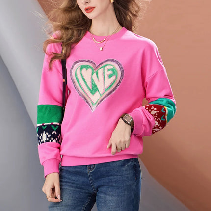 Women’s Pink Knit Patchwork Sweatshirt LOVE Graphic Pullover Casual Straight Fit Color Block Winter Warm Knitted Sleeve Top