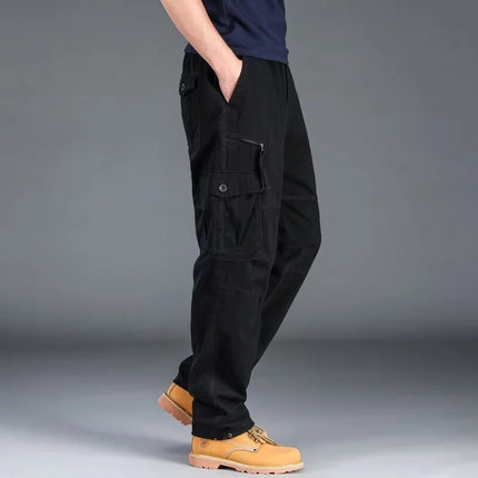 Men's Workwear Pants Multiple Pockets Outdoor Casual Trousers Wear-Resistant Loose Straight Leg Long Pants High Waist Zipper