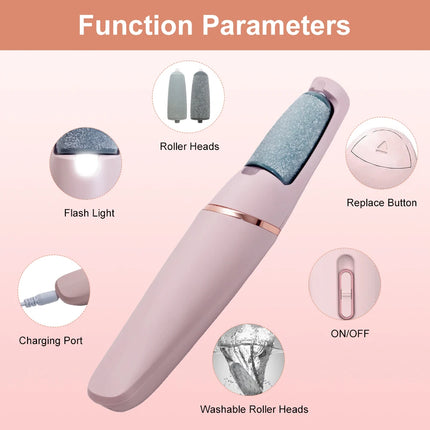 Rechargeable Electric Foot Callus Remover Set Pink & White Pedicure Tools with 2 Bonus Replacement Heads for Smooth Feet Care