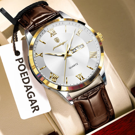 POEDAGAR Original Luxury Men's Wristwatch Leather Date Week Quartz Fashion Men Watch Waterproof Luminous Classic Watches For Men