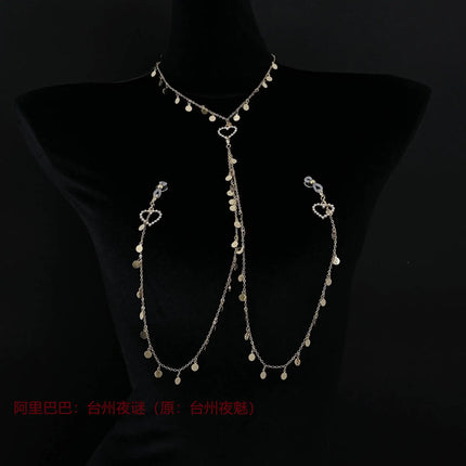 Metal Sequined Heart Nipple with Long Chain Clamps Pair Bells  Chain Clips BDSM Women Toys Adult Sex Games Breast Stimulate 18+
