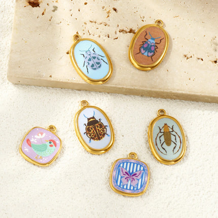 2 Pcs 304 Stainless Steel Insect Charms Oval Printed Ladybug Beetle Bird Butterfly 18K Gold Plated Pendants For DIY Necklace