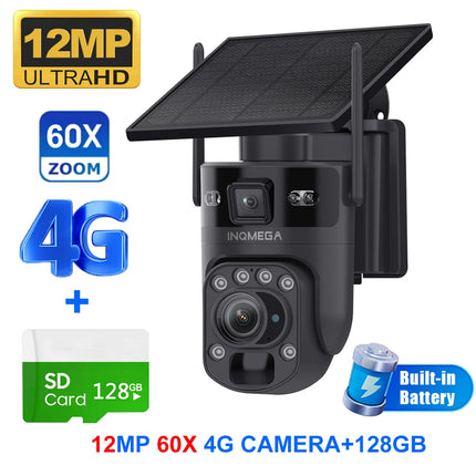 INQMEGA 12MP 60X Optics Zoom Dual Screen 4G /WIFI Solar Camera Securty Outdoor  PIR Human Detection Color Night Vision UBOX APP
