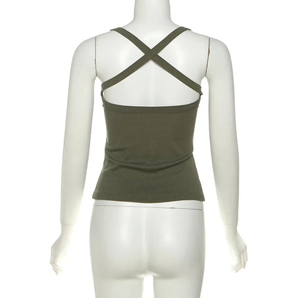 Green Thread Casual Tank Tops Woman Low-Neck Cross Strap Sleeveless Backless Crop Top Hot Girls High Street Classic Slim Fit Top