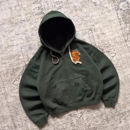 Men's and women's zippered hoodies, dark green tiger patterned hoodies, sportswear, casual streetwear, vintage tops, Spring and